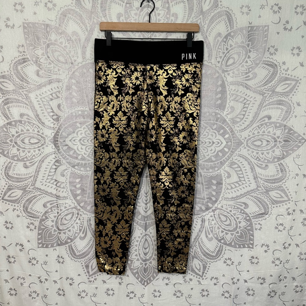 Nice $69 Victorias Secret Pink Brocade Gold Metallic Black Legging Rhinestine M